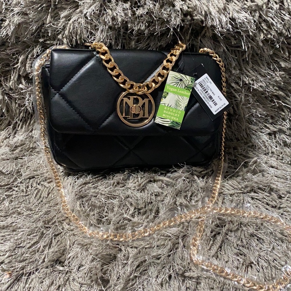 Badgley Mischka Vegan Leather Quilted Double Chain Handbag